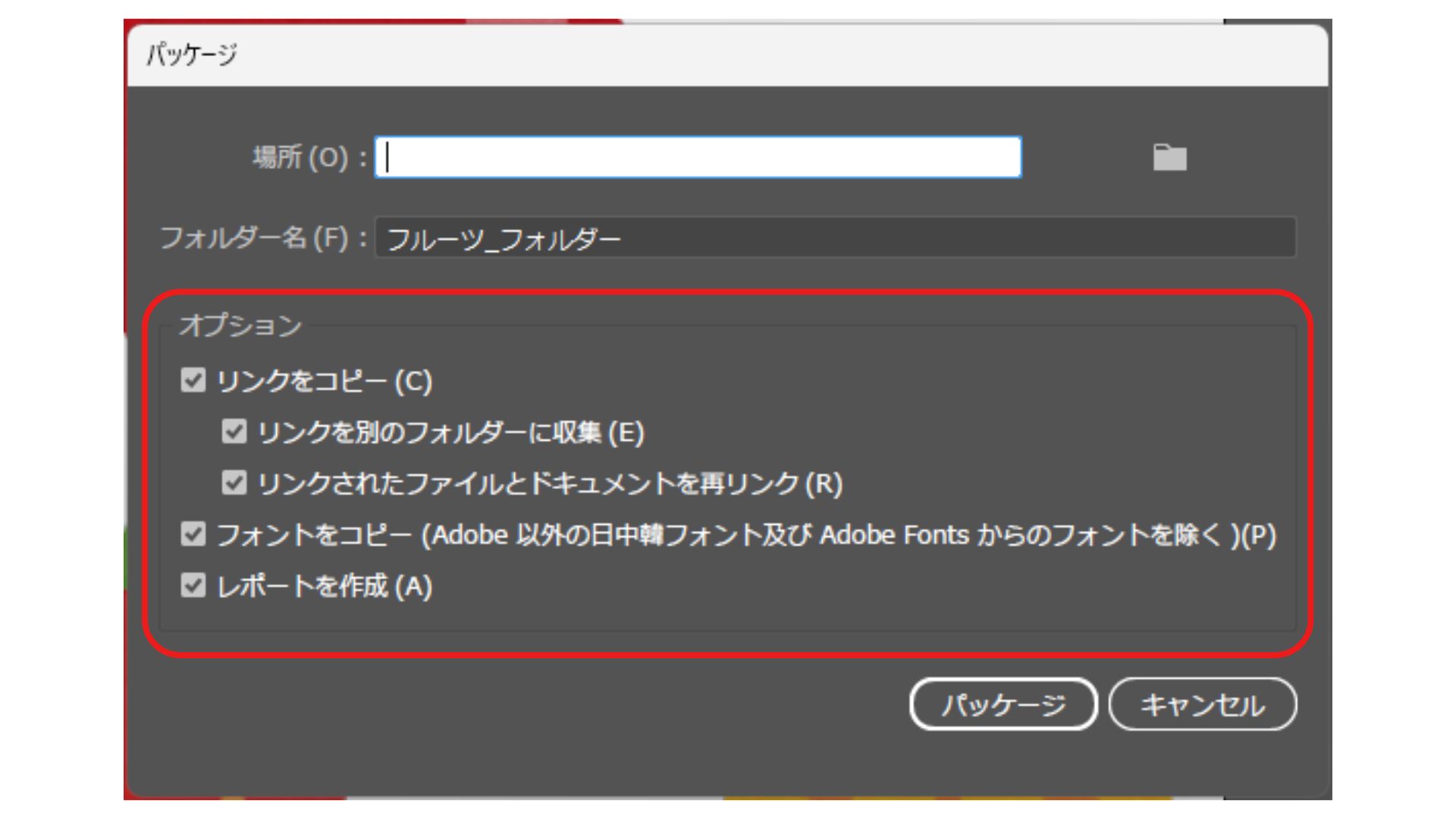 Illustratorのパッケージ画面でリンクやフォントのコピー項目を選択画面