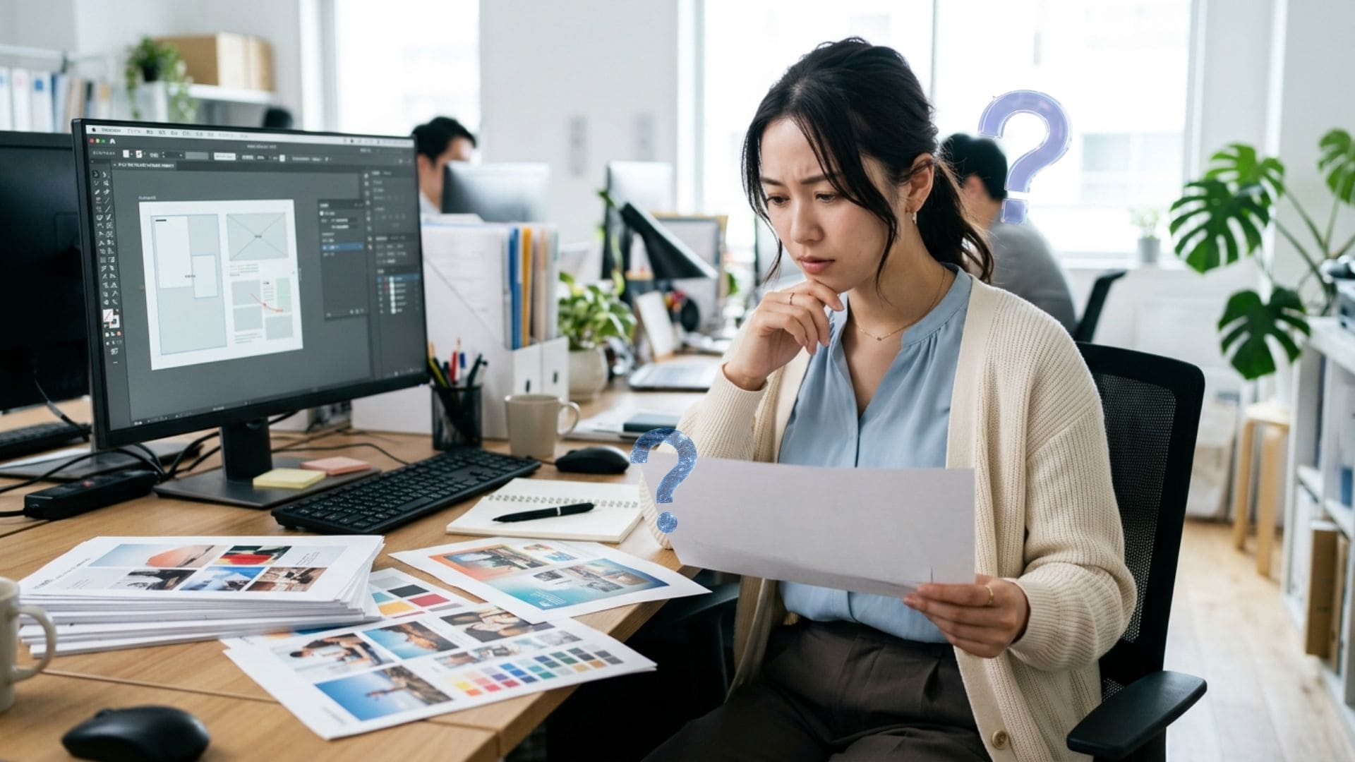 Illustratorのデータ作成方法に悩みながら印刷物を確認する様子
