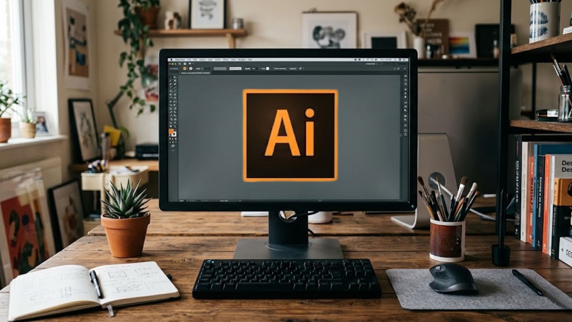 Adobe Illustratorを開いたデザイナーの作業机