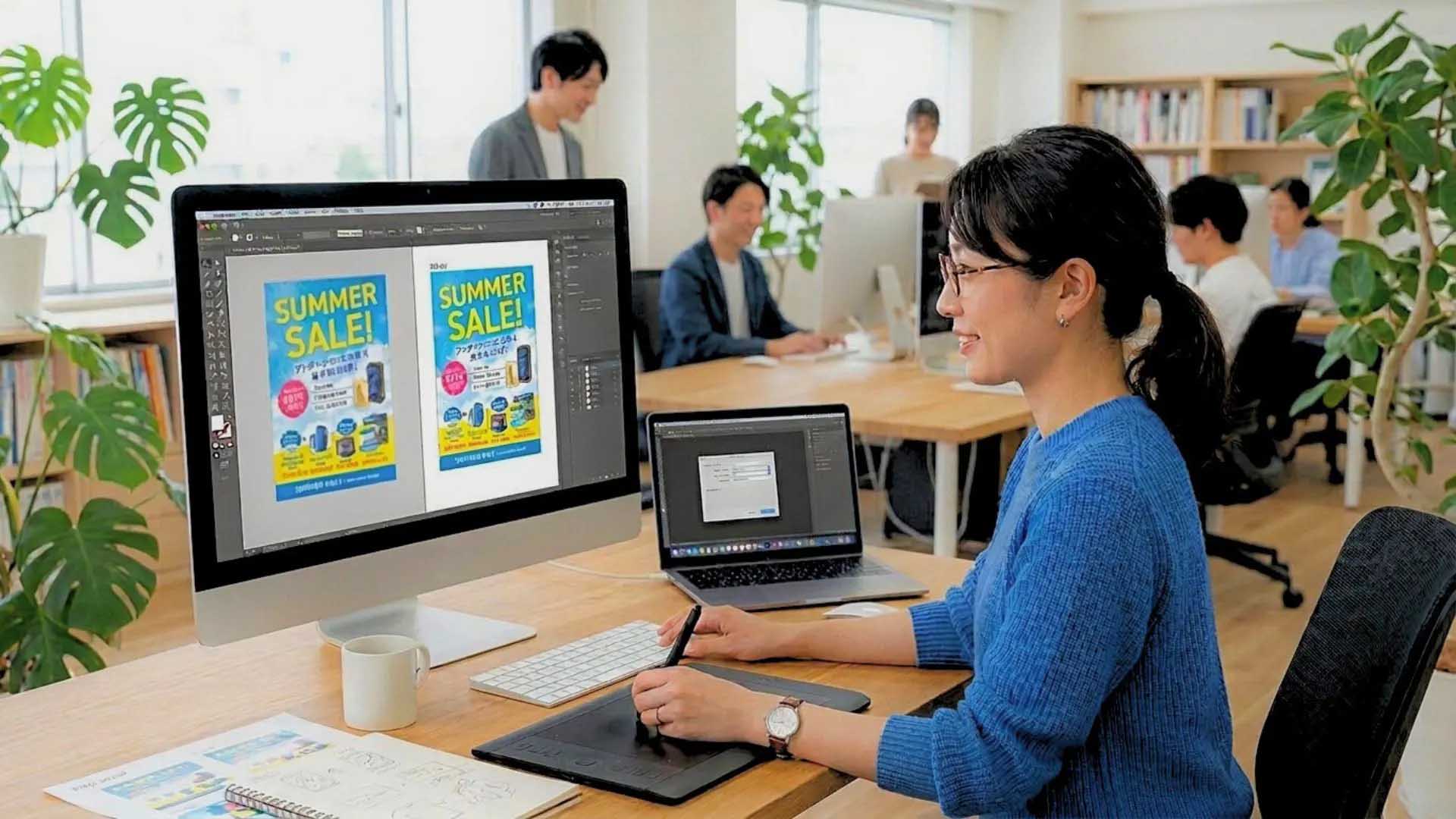 Adobeソフトで画像データを編集する女性の画像