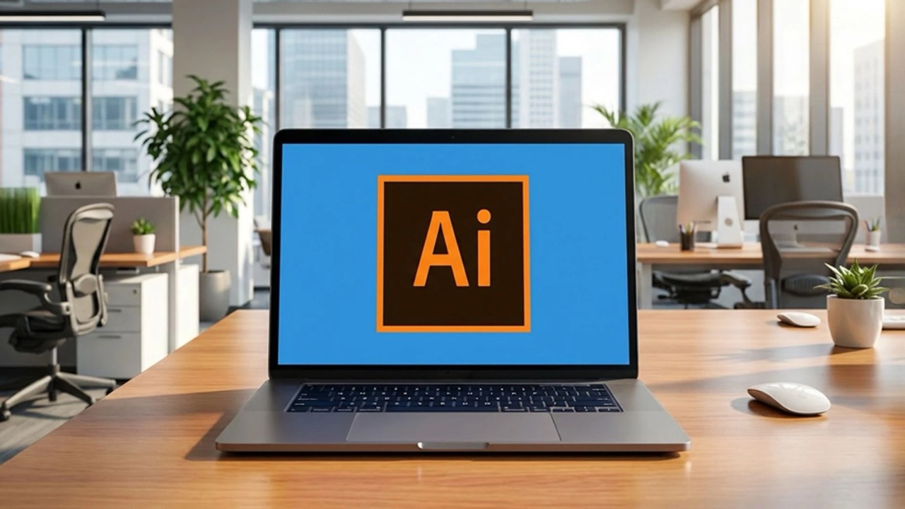 ノートPCの画面に映るIllustratorの画像