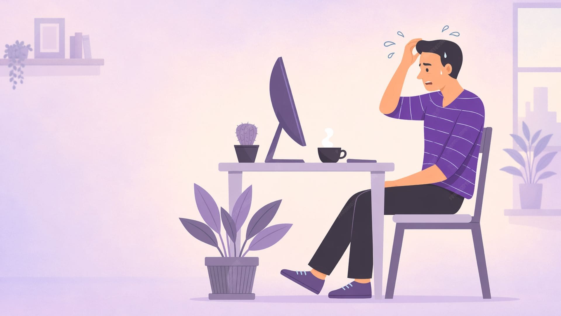 パソコン画面を見ながら困って頭を抱える男性のイラスト