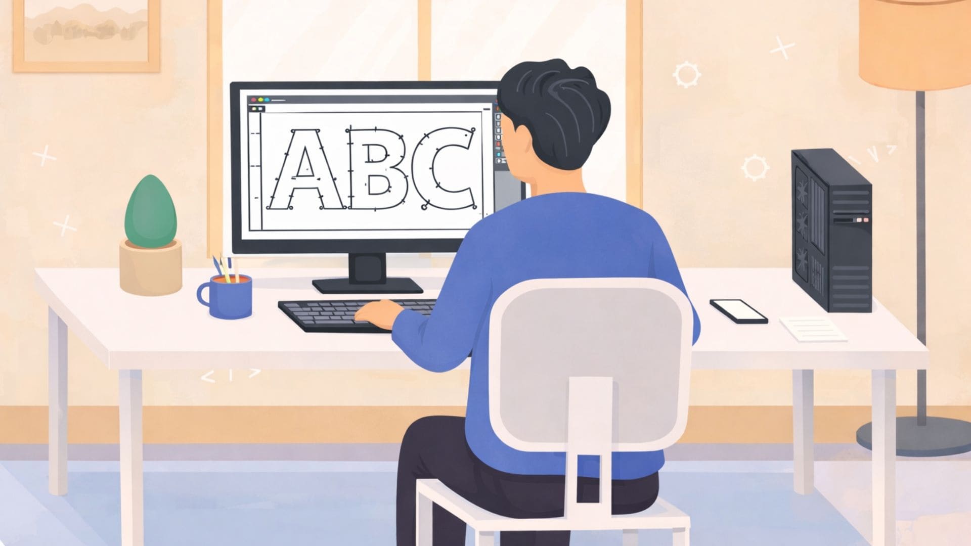パソコンで文字のアウトラインデータを編集する人物のイラスト