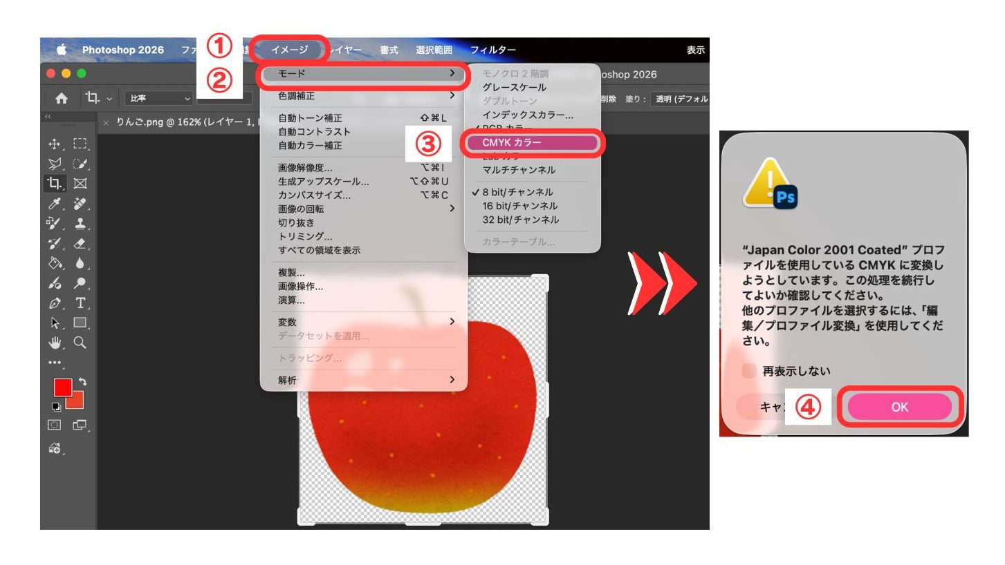 IllustratorでカラーモードをRGBカラーからCMYKカラーに変換する手順の画像