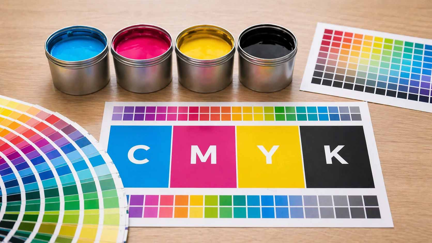 CMYKの4色インクとカラーチャートを並べた印刷色のイメージ