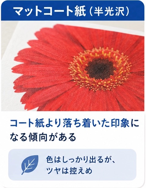 光沢のあるコート紙に印刷した赤い花の発色とツヤのイメージ