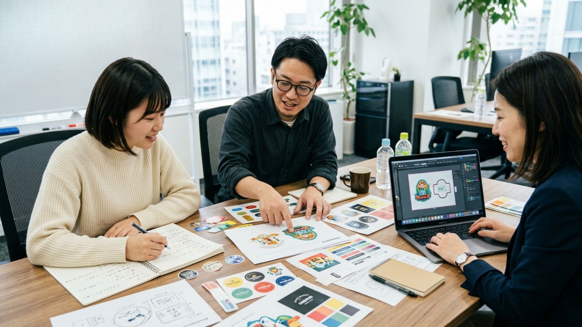 複数人でシールのデザイン案や色見本を確認している様子